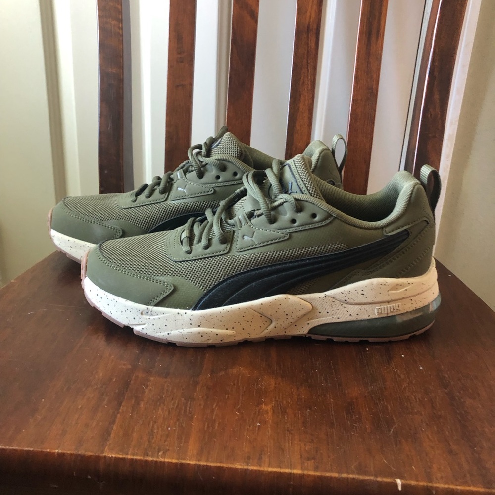 Army green Puma athletic shoes
